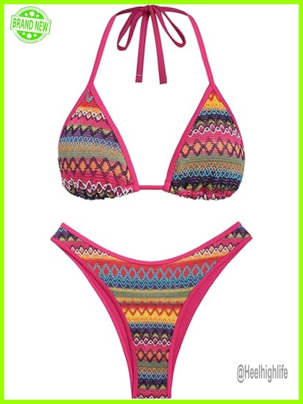 Halter Neck Crochet Colorblock Two Piece Bikini Set Open Back High Cut Thong